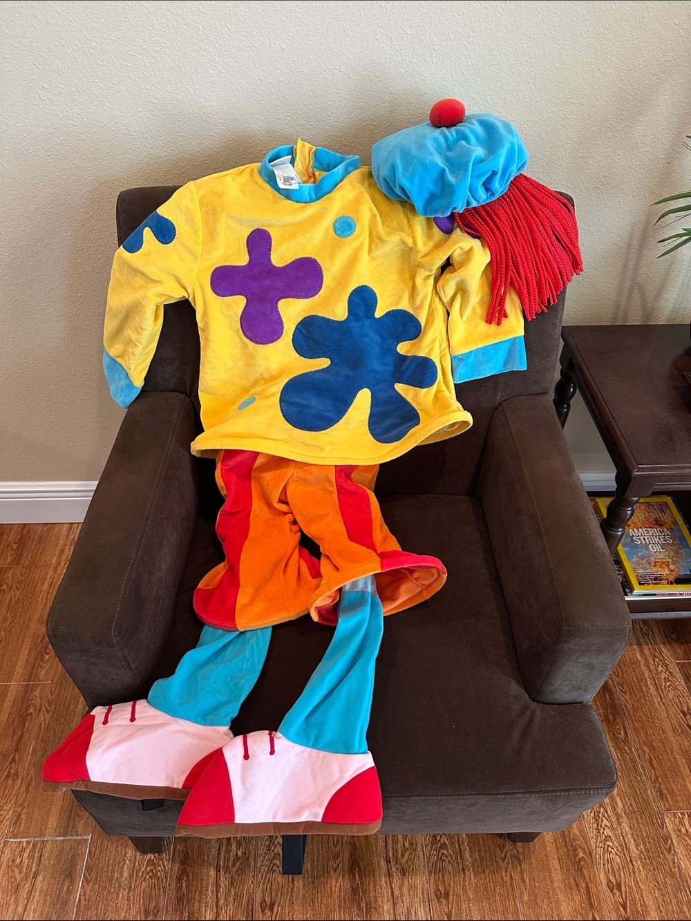 Disney Bright Yellow & Blue Clown Costume with Red and Orange Accents